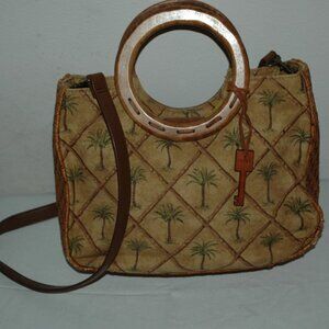 Vintage Fossil Palm Tree Print Shoulder Bag Bamboo Lattice Tropical Handbag